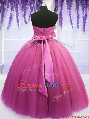 Adorable Rose Pink Tulle Lace Up Quinceanera Gown Sleeveless Floor Length Beading and Belt