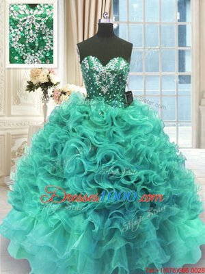 Floor Length Lace Up Sweet 16 Dress Turquoise and In for Military Ball and Sweet 16 and Quinceanera with Beading and Ruffles
