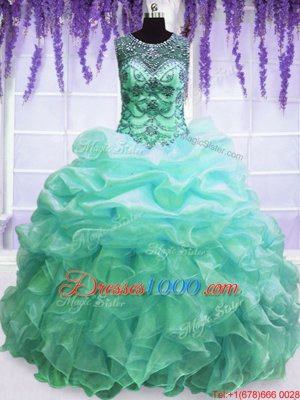 Glittering Turquoise Ball Gown Prom Dress Military Ball and Sweet 16 and Quinceanera and For with Beading and Pick Ups Scoop Sleeveless Lace Up