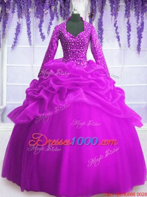 Modern Sequins Pick Ups Floor Length Ball Gowns Long Sleeves Fuchsia Ball Gown Prom Dress Zipper