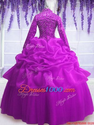 Modern Sequins Pick Ups Floor Length Ball Gowns Long Sleeves Fuchsia Ball Gown Prom Dress Zipper