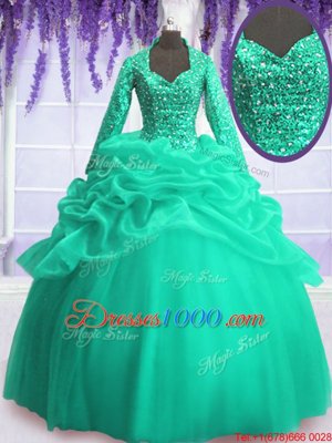 Cute Turquoise Ball Gowns V-neck Long Sleeves Organza Floor Length Zipper Sequins and Pick Ups Ball Gown Prom Dress