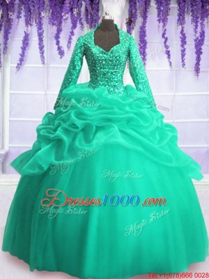 Cute Turquoise Ball Gowns V-neck Long Sleeves Organza Floor Length Zipper Sequins and Pick Ups Ball Gown Prom Dress