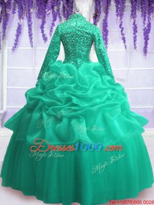 Cute Turquoise Ball Gowns V-neck Long Sleeves Organza Floor Length Zipper Sequins and Pick Ups Ball Gown Prom Dress