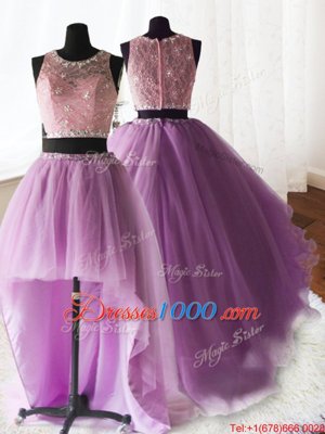 Three Piece Lilac Ball Gowns Scoop Sleeveless Organza and Tulle and Lace With Brush Train Zipper Beading and Lace and Ruffles Quince Ball Gowns