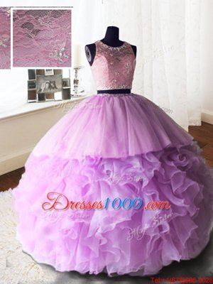 Three Piece Lilac Ball Gowns Scoop Sleeveless Organza and Tulle and Lace With Brush Train Zipper Beading and Lace and Ruffles Quince Ball Gowns