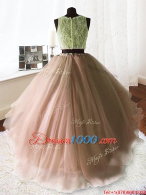 Scoop Organza and Tulle and Lace Sleeveless With Train Sweet 16 Dresses Brush Train and Beading and Lace and Ruffles