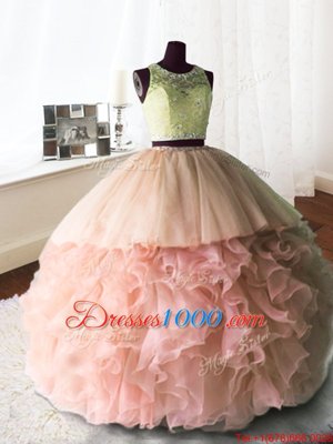 Scoop Organza and Tulle and Lace Sleeveless With Train Sweet 16 Dresses Brush Train and Beading and Lace and Ruffles