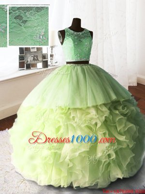 Cute Scoop Sleeveless Organza and Tulle and Lace 15 Quinceanera Dress Beading and Lace and Ruffles Brush Train Zipper