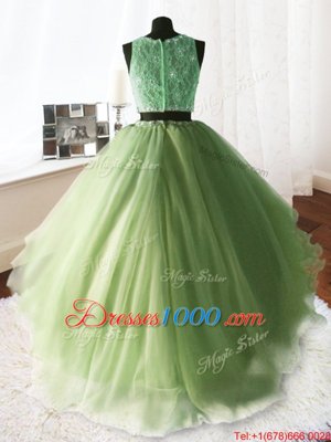Cute Scoop Sleeveless Organza and Tulle and Lace 15 Quinceanera Dress Beading and Lace and Ruffles Brush Train Zipper