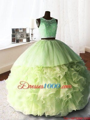 Cute Scoop Sleeveless Organza and Tulle and Lace 15 Quinceanera Dress Beading and Lace and Ruffles Brush Train Zipper
