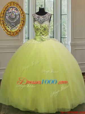 Modest Floor Length Yellow Green Quince Ball Gowns Tulle Sleeveless Beading