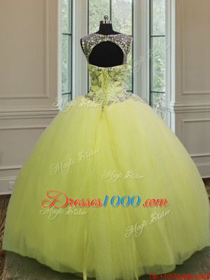 Modest Floor Length Yellow Green Quince Ball Gowns Tulle Sleeveless Beading