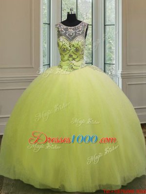 Modest Floor Length Yellow Green Quince Ball Gowns Tulle Sleeveless Beading