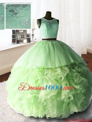 Glamorous Three Piece Brush Train Ball Gowns Quinceanera Dress Yellow Green Scoop Organza and Tulle and Lace Sleeveless With Train Zipper