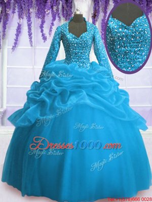 Floor Length Baby Blue Quince Ball Gowns Organza Long Sleeves Sequins and Pick Ups