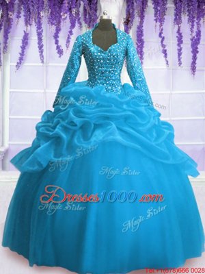 Floor Length Baby Blue Quince Ball Gowns Organza Long Sleeves Sequins and Pick Ups