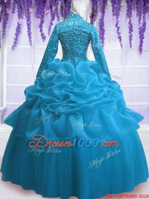 Floor Length Baby Blue Quince Ball Gowns Organza Long Sleeves Sequins and Pick Ups