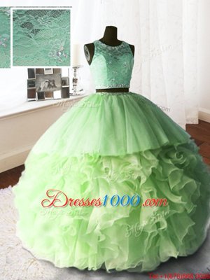 Organza and Tulle and Lace Zipper Scoop Sleeveless With Train Ball Gown Prom Dress Brush Train Beading and Lace and Ruffles