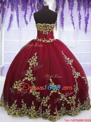 Delicate Red Strapless Zipper Appliques Quinceanera Gown Sleeveless