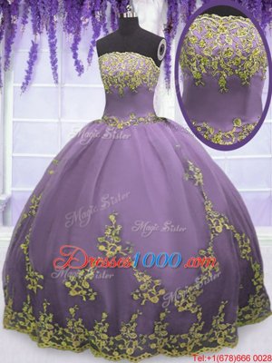 Sumptuous Strapless Sleeveless Quinceanera Gowns Floor Length Appliques Lavender Tulle