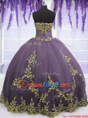 Sumptuous Strapless Sleeveless Quinceanera Gowns Floor Length Appliques Lavender Tulle