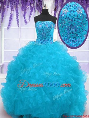 Graceful Strapless Sleeveless Sweet 16 Dresses With Brush Train Beading and Ruffles Aqua Blue Organza