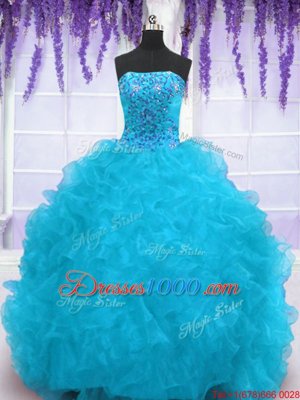 Graceful Strapless Sleeveless Sweet 16 Dresses With Brush Train Beading and Ruffles Aqua Blue Organza