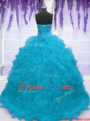 Graceful Strapless Sleeveless Sweet 16 Dresses With Brush Train Beading and Ruffles Aqua Blue Organza