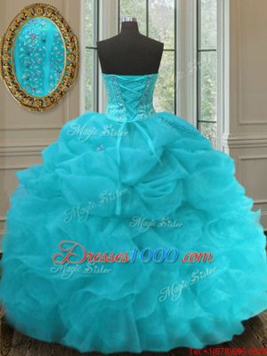 Aqua Blue Lace Up Sweetheart Beading and Ruffles and Pick Ups Quinceanera Dresses Organza Sleeveless