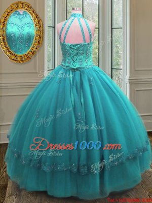 Decent Floor Length Aqua Blue Sweet 16 Dresses High-neck Sleeveless Lace Up