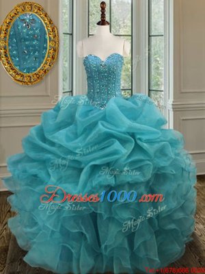 Custom Made Aqua Blue Ball Gowns Organza Sweetheart Sleeveless Beading and Ruffles Floor Length Lace Up Vestidos de Quinceanera