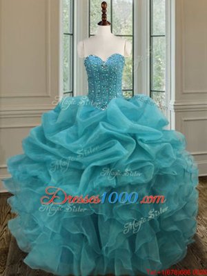 Custom Made Aqua Blue Ball Gowns Organza Sweetheart Sleeveless Beading and Ruffles Floor Length Lace Up Vestidos de Quinceanera