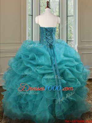 Custom Made Aqua Blue Ball Gowns Organza Sweetheart Sleeveless Beading and Ruffles Floor Length Lace Up Vestidos de Quinceanera