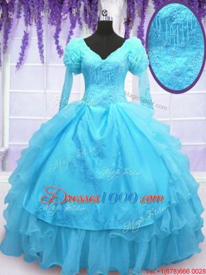 Free and Easy Long Sleeves Floor Length Lace Up Quinceanera Dresses Baby Blue and In for Military Ball and Sweet 16 and Quinceanera with Embroidery