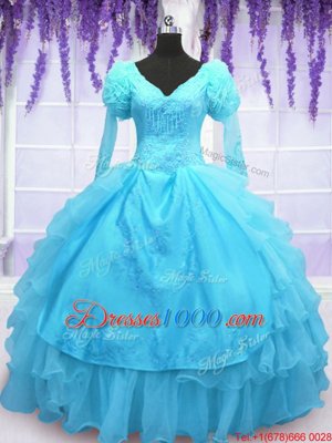 Free and Easy Long Sleeves Floor Length Lace Up Quinceanera Dresses Baby Blue and In for Military Ball and Sweet 16 and Quinceanera with Embroidery