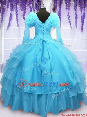 Free and Easy Long Sleeves Floor Length Lace Up Quinceanera Dresses Baby Blue and In for Military Ball and Sweet 16 and Quinceanera with Embroidery