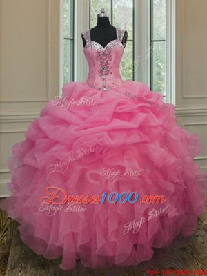 Custom Design Straps Straps Baby Pink Sleeveless Organza Zipper Quince Ball Gowns for Military Ball and Sweet 16 and Quinceanera