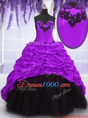 Eye-catching Purple Taffeta Lace Up Sweetheart Sleeveless With Train Quinceanera Dresses Sweep Train Appliques and Pick Ups