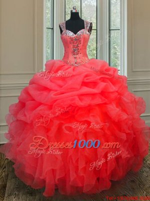Artistic Sleeveless Organza Floor Length Lace Up Sweet 16 Quinceanera Dress in Coral Red for with Beading and Pick Ups