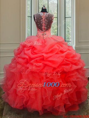 Artistic Sleeveless Organza Floor Length Lace Up Sweet 16 Quinceanera Dress in Coral Red for with Beading and Pick Ups