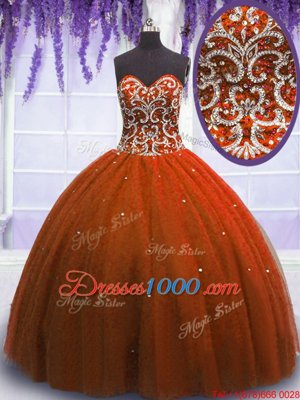 Rust Red Ball Gowns Tulle Sweetheart Sleeveless Beading Floor Length Lace Up Vestidos de Quinceanera