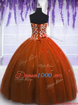 Rust Red Ball Gowns Tulle Sweetheart Sleeveless Beading Floor Length Lace Up Vestidos de Quinceanera