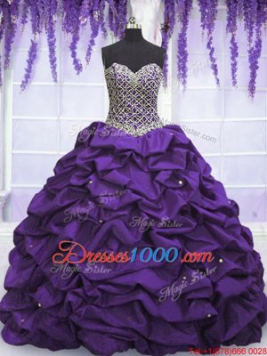 Fashionable Eggplant Purple Ball Gowns Beading and Sequins and Pick Ups Quinceanera Gowns Lace Up Taffeta Sleeveless Floor Length