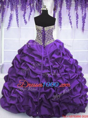 Fashionable Eggplant Purple Ball Gowns Beading and Sequins and Pick Ups Quinceanera Gowns Lace Up Taffeta Sleeveless Floor Length