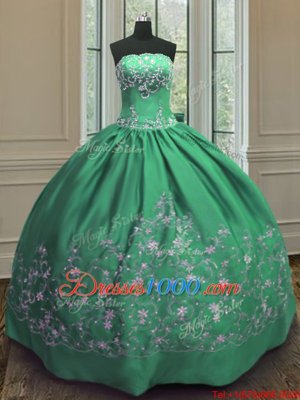 Luxurious Green Strapless Lace Up Embroidery Quince Ball Gowns Sleeveless