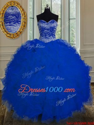 Pretty Royal Blue Tulle Lace Up Sweetheart Sleeveless Floor Length Vestidos de Quinceanera Beading and Ruffles