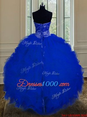Pretty Royal Blue Tulle Lace Up Sweetheart Sleeveless Floor Length Vestidos de Quinceanera Beading and Ruffles