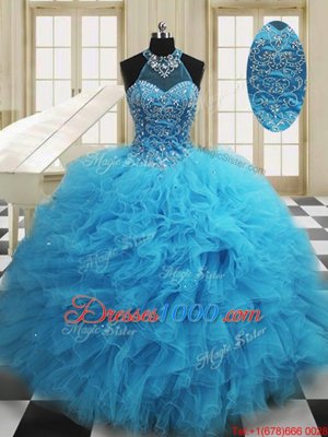 Tulle Scoop Sleeveless Lace Up Beading and Ruffles Sweet 16 Dresses in Baby Blue