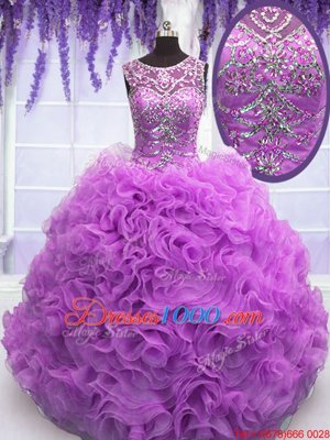 Fabulous Lilac Organza Lace Up Scoop Sleeveless Floor Length Quinceanera Gowns Beading and Ruffles